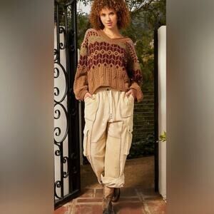 POL Wide Leg Cargo Pants - Beige & Brown - Boho - Relaxed - Size S